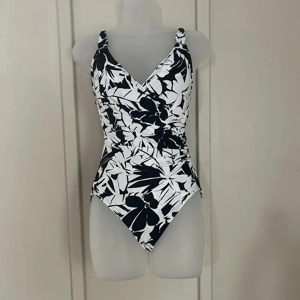 Michael Kors Swimsuit Womens 6 Black White Floral Print One Piece V Neck Ruched